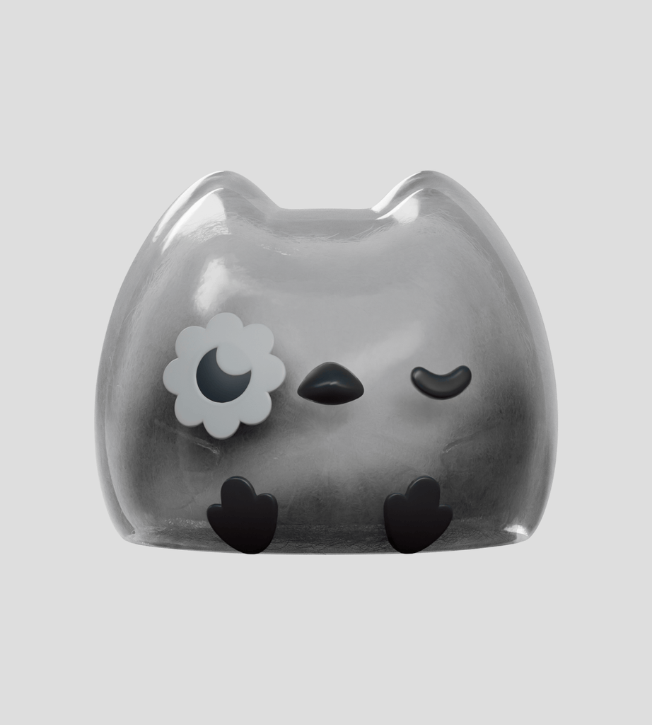 Kairos the Owl Blind Box by Kaleidos Creative features a transparent, cat-shaped owl with a flower eye patch, closed eyes, and simple black details on a light gray background—a whimsical must-have for any blind box collector.