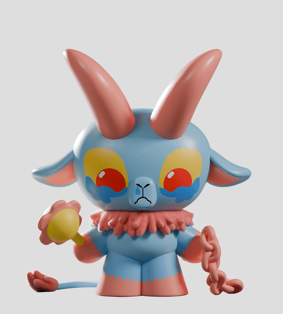 The Kaleidos Creative Kid Krampus Blind Box features a blue and pink figure with large horns, sad eyes, a ruffled collar, holding a flower-shaped rattle and chain—a unique holiday collectible.