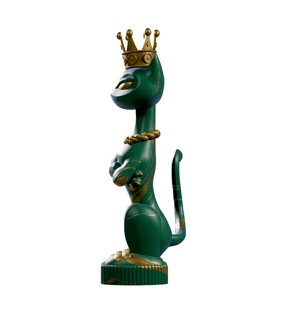 King Kat — Marble Majesty by Kaleidos Creative: a green, cat-inspired chess piece with vintage Vegas glam, gold crown and necklace, upright on a round base. DesignerCon Exclusive.