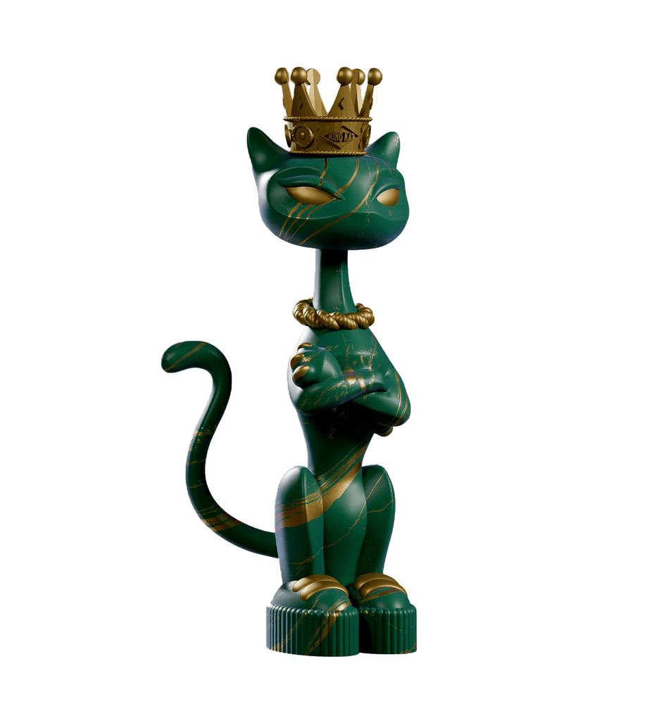King Kat — Marble Majesty by Kaleidos Creative: a stylized green cat figurine with gold stripes, crown, and necklace stands upright with crossed arms on a white background—vintage Vegas glam in feline form.