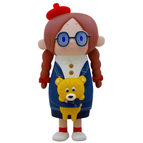 A How2Work (HK) Luna - Denim cartoon figurine of a girl with glasses, red braids, red beret, blue dress, white shirt, red shoes, and holding a Luna plush collectible stuffed animal.