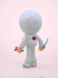 Little Peace by How2Work (HK) is a white humanoid figure shown from behind, holding a pink flower sword plush and a blue sword, with a red apple graphic displayed on its back.