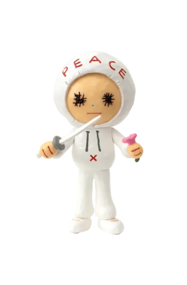 Little Peace by How2Work (HK) is a charming collectible plush in a white hooded suit with 