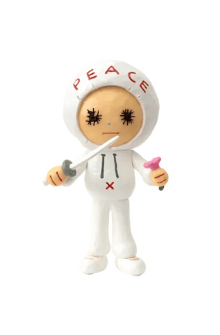 Little Peace by How2Work (HK) is a charming collectible plush in a white hooded suit with "PEACE" on the hood, holding a sword and pink flower, featuring large lashes, a red "X" on its chest, and adorable detailed accents.