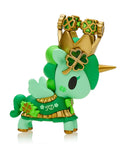 The Tokidoki Lucky Unicorno Blind Box features a figure embellished with gold accents, shamrock decorations, and a crown adorned with four-leaf clovers, symbolizing good fortune. Ideal for any collection, it comes in a mystery Blind Box for an enchanting surprise.