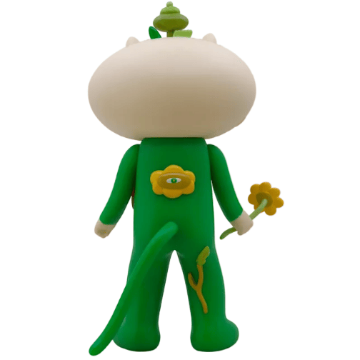 The Meow Book - OG by The Little Hut (HK) features a green cartoon figure with a cat-like tail, holding a yellow flower, and an all-seeing flower eye on its back, as seen from behind.