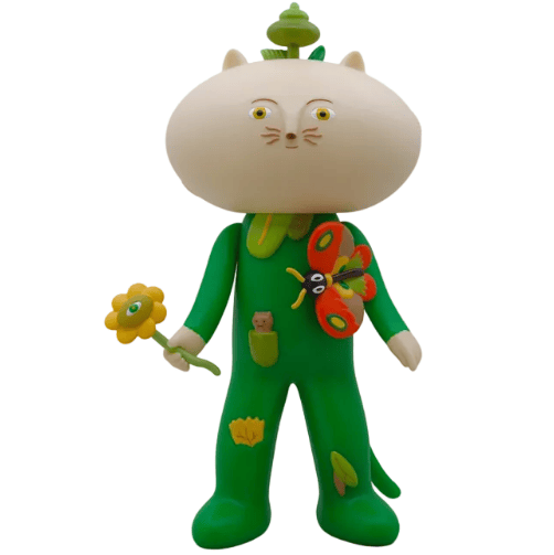 Meow Book - OG by The Little Hut (HK) is a cartoonish cat figurine with a quirky face, large head, green outfit, all-seeing flower in hand, and a red butterfly on its chest.