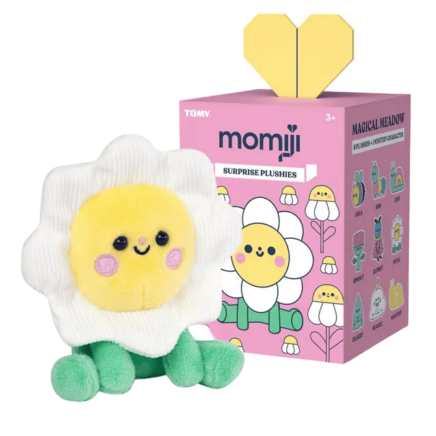 A plush toy shaped like a smiling flower with a yellow face and white petals is shown beside the Momiji Magical Meadow Plush Blind Box, perfect for fans of magical plushies from the Momiji brand.