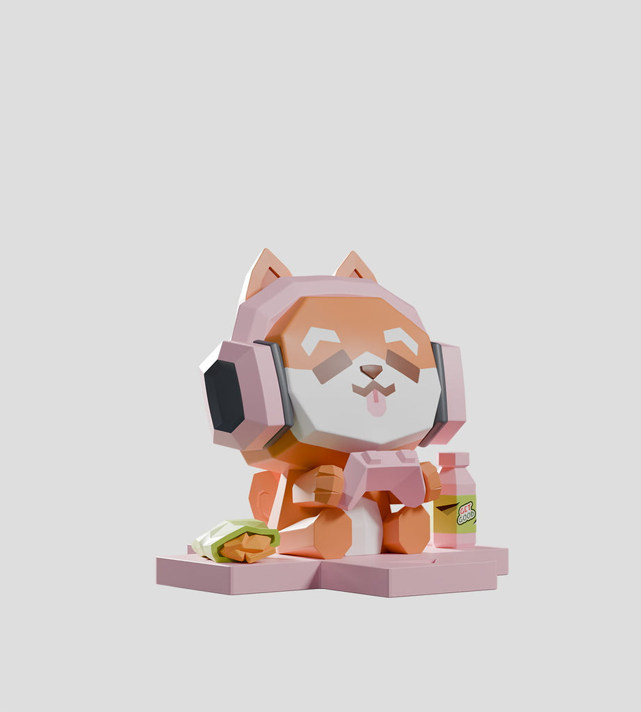 A stylized, geometric fox with pink headphones, game controller, sandwich, and drink sits on a pink platform—a rare Mega-Mini Arcade Blind Box figure from Kaleidos Creative—displayed against a plain gray background.