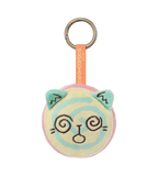 The Meowcaron Plush Bag Charm by Kaleidos Creative features a round cat face with spiral eyes, embroidered accents, and a pink “meowcroons.” fabric loop on a metal keyring—a cute Kim-Joy inspired accessory for your bag.