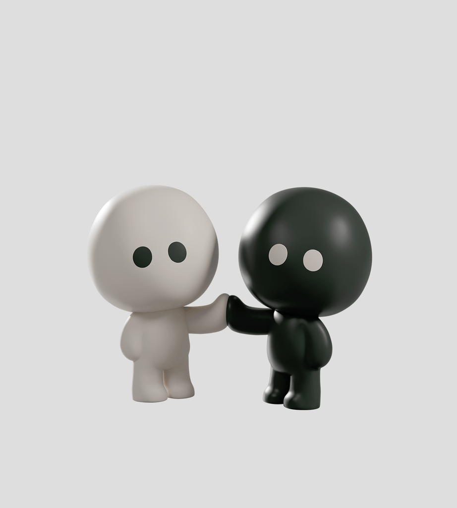 Two round, minimalist collectible figures—one black and one white—from the Kaleidos Creative Meyanmi Shadow Blind Box stand side by side, the black figure’s hand touching the white’s arm against a plain light background. Discover Meyanmi Shadow.