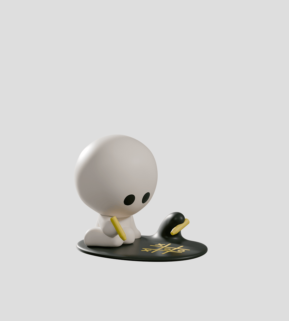 A small, round-headed figure with black eyes draws tic-tac-toe on a black mat with a yellow marker, while a Kaleidos Creative Meyanmi Shadow duck-like figure sits beside it, hinting at the surprises of the Blind Box series.