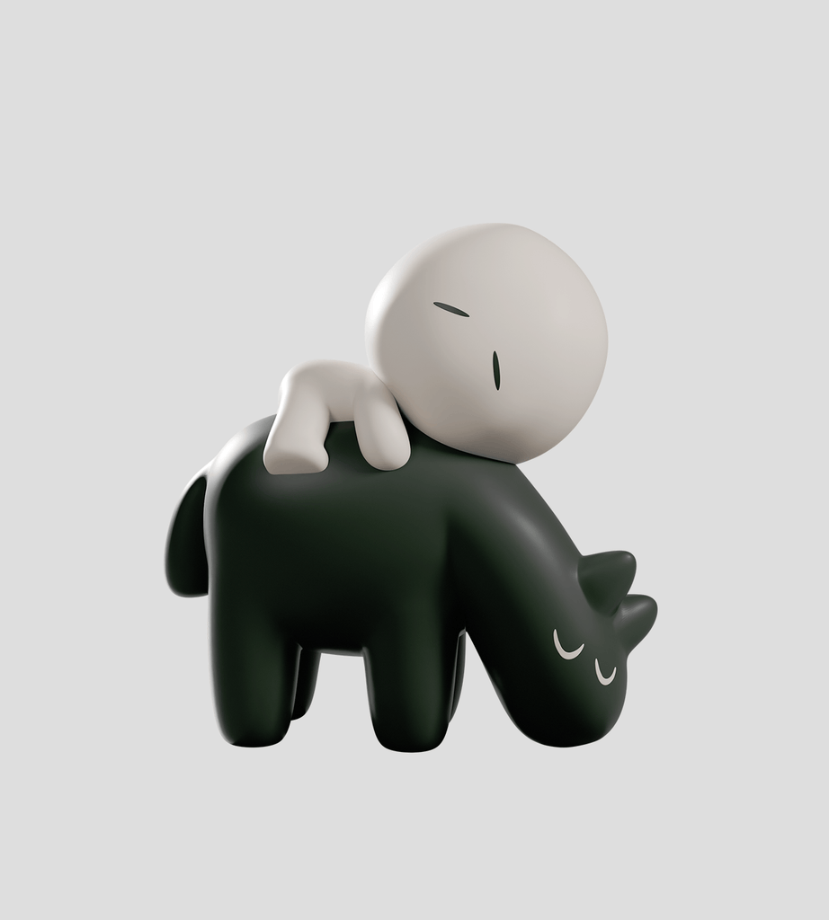 Minimalist illustration of a faceless figure lying on a small black cartoon rhino, inspired by the Kaleidos Creative Meyanmi Shadow Blind Box collectible, set against a plain gray background.