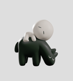 Minimalist illustration of a faceless figure lying on a small black cartoon rhino, inspired by the Kaleidos Creative Meyanmi Shadow Blind Box collectible, set against a plain gray background.