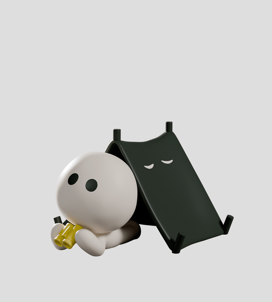 A round, white character with binoculars and a sleepy look rests by a small dark tent—this rare figure from Kaleidos Creative’s Meyanmi Shadow Blind Box captures a serene camping scene.
