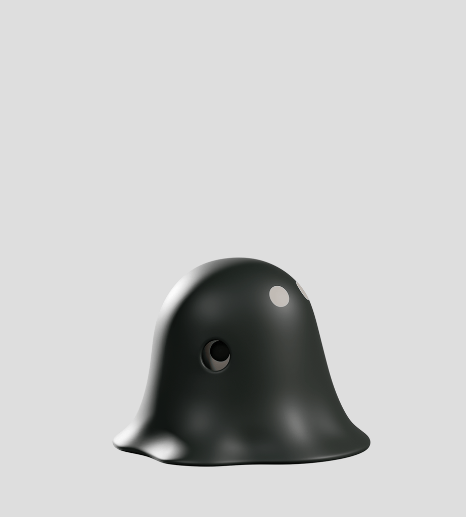 A rare, smooth black figure—Meyanmi Shadow by Kaleidos Creative—has two round holes and a small white spot. It sits against a plain light gray background, ready to be discovered in the Meyanmi Shadow Blind Box collection.