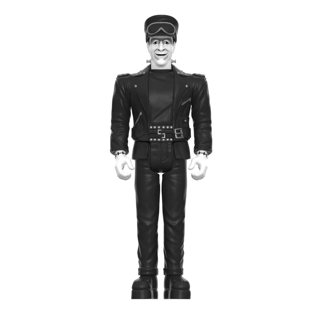 A black figure in a uniform, resembling The Munsters ReAction - Hot Rod Herman from Super 7 (US), is standing on a white background.
