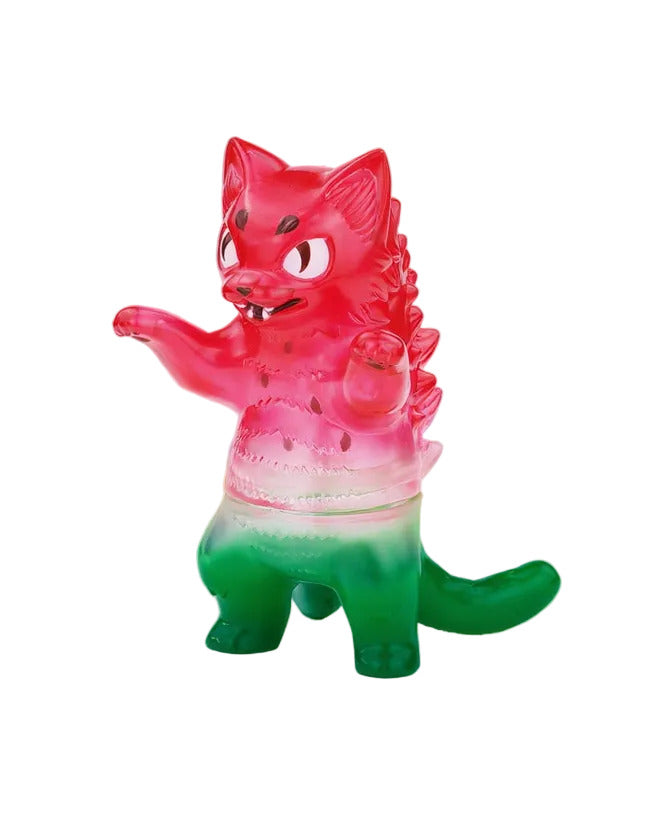 The Negora-Watermelon by Rotofugi is a red and green collectible vinyl figure resembling a cartoon cat with upright arms, pointy ears, and a spiky back, standing on two legs.
