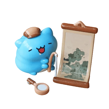 The Rotofugi National Palace Museum Adventure-Bugcat Capoo Figurine features a blue Bugcat Capoo with a hat and cane, standing next to a scroll, magnifying glass, and hints of blind boxes on the ground.