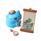 The Rotofugi National Palace Museum Adventure-Bugcat Capoo Figurine features a blue Bugcat Capoo with a hat and cane, standing next to a scroll, magnifying glass, and hints of blind boxes on the ground.