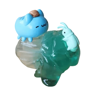 The Rotofugi National Palace Museum Adventure-Bugcat Capoo Figurine features a small blue Bugcat Capoo with a bandaged head sitting on a translucent green base beside a light blue bug, just like popular blind box collectibles.
