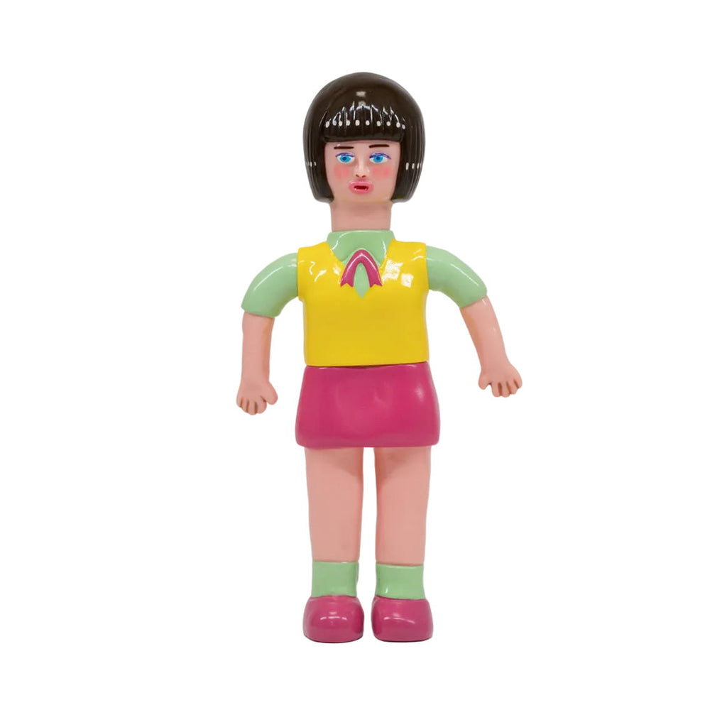 The About Animals Shizuka/Maltese — Series 3 figure by Paradise Toy features a girl with short brown hair, yellow top with rainbow, pink skirt, and green shoes standing upright against a white background.