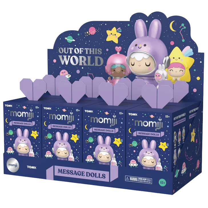 Rotofugi Momiji Out of This World Message Dolls Blind Box features purple packaging with space-themed cartoon characters and stars for intergalactic charm.