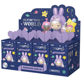 Rotofugi Momiji Out of This World Message Dolls Blind Box features purple packaging with space-themed cartoon characters and stars for intergalactic charm.