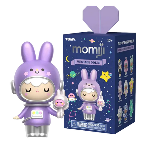 The Rotofugi Momiji Out of This World Message Dolls Blind Box features a purple bunny astronaut doll with intergalactic charm, displayed next to its vibrant, space-themed box adorned with collectible galactic doll illustrations.
