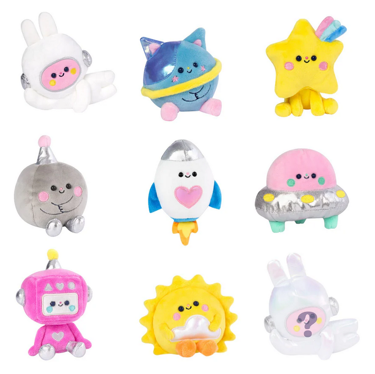 Nine Momiji Out of This World Plush Blind Box toys, arranged in a grid, each bright and smiling plush features different galaxy-inspired characters like a robot, rocket, star, sun, cat, and alien.
