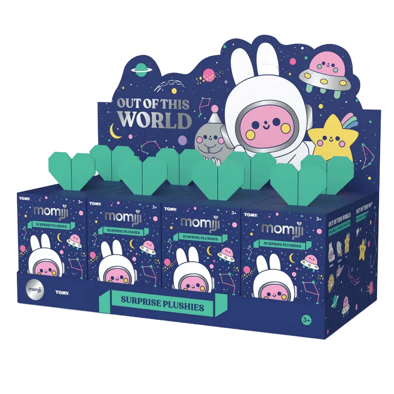 Momiji Out of This World Plush Blind Box by Momiji features adorable plush toys dressed as cartoon astronauts with stars and planets, all in a space-themed display on a dark blue background.
