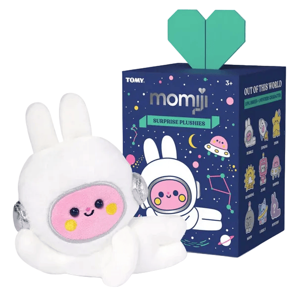 The Momiji Out of This World Plush Blind Box by Momiji features a white astronaut bunny plush with a pink face, presented in a vibrant space-themed box—a perfect collectible for galactic plushie and cuddly toy fans.