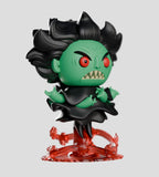 The Kaleidos Creative Odds N Sods Blind Box features a vinyl figure with green skin, red eyes, black spiky hair, and sharp teeth on a swirling red base in a black dress—perfect for collectors.