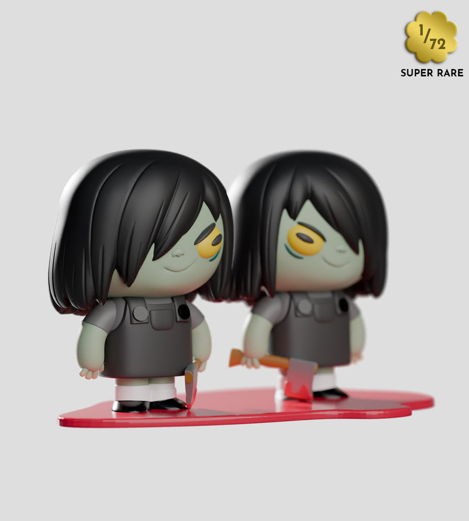 Two identical cartoon figures with black hair, gray dresses, and greenish skin stand on a red base, each holding a small axe. A 