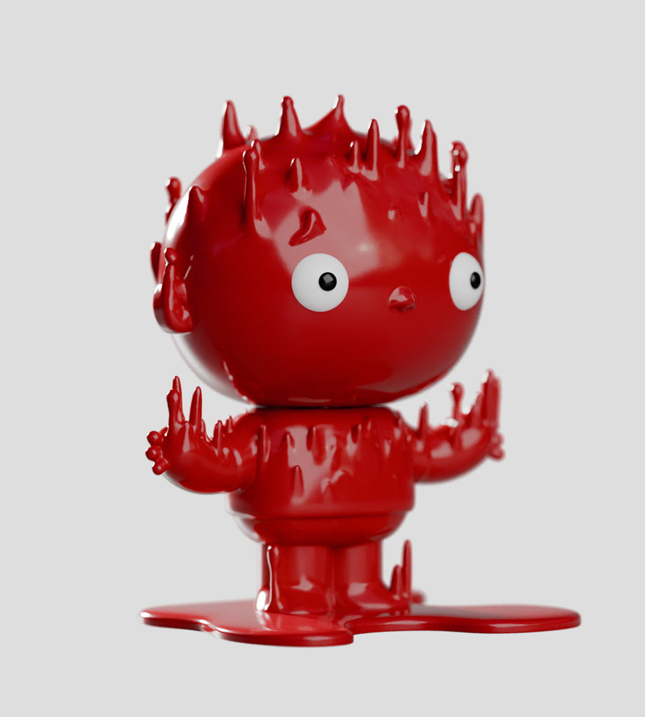 A shiny red cartoon figure with melted features stands on a puddle, wide-eyed and hands raised—one of the unique collectibles from the Odds N Sods Blind Box by Kaleidos Creative—set against a plain gray background.