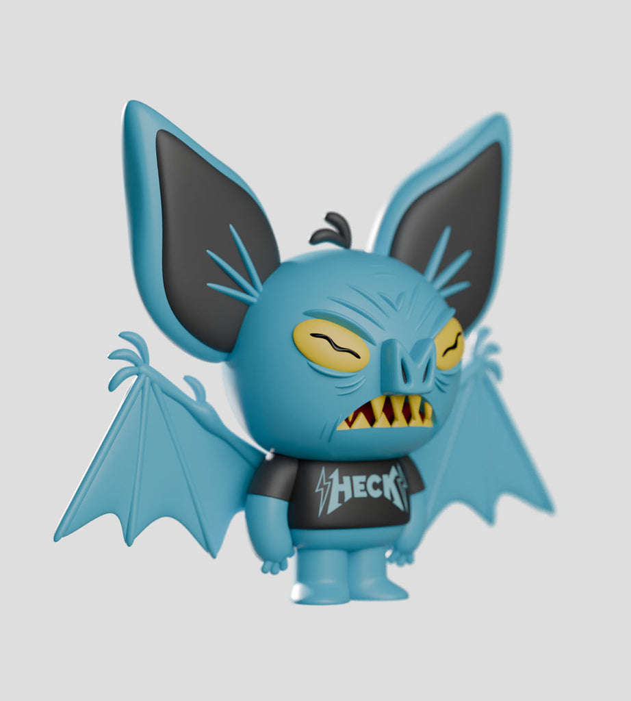The Odds N Sods Blind Box by Kaleidos Creative includes a blue bat-like vinyl figure with large wings, yellow eyes and teeth, wearing a 