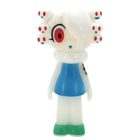 Peone by Fewmany (JP) is a stylized vinyl figure with pale skin, a large red eye, multiple eyes in its hair, blue dress, white pants, and green shoes—an eye-catching collectible displayed upright against a white background.