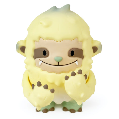 A charming yellow toy named Dustin from The Little Hut (HK)'s "Forest Adventure" series, featuring a big smile, small fangs, and bear-like ears and paws, standing upright.