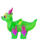 The Rotofugi Ryudora-Tropical is a green, translucent dragon figure with purple horns, yellow eyes, and purple flame-like leg designs—a must-have collectible for any fan.