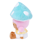 The Momiji Skyla Boo - Magical Meadow Large Plush features a pink head, light blue mushroom cap with white spots, brown face and hands, plus white and yellow clothes—perfect as whimsical room decor. Sits facing left against a white background.
