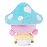 The Skyla Boo - Momiji Magical Meadow Large Plush by Momiji is a cuddly toy with a big blue spotted mushroom cap, pink face and cheeks, yellow polka-dot vest, and brown feet—perfect for adding adorable charm to your room decor.