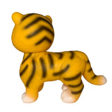Stripes The Friendly Tiger by Bitter Squeaks (US), a yellow and black striped plush, stands on all fours with its head turned slightly left, as viewed from behind.