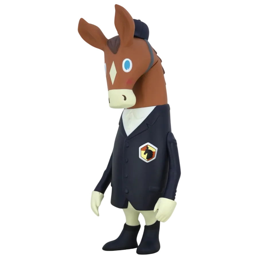 The Simon Horse Vinyl Figure - Original by How2Work features a cartoonish horse in a dark blue suit, tie, and hat with a horse head badge—an ideal collectible racer or quirky horse racing toy.