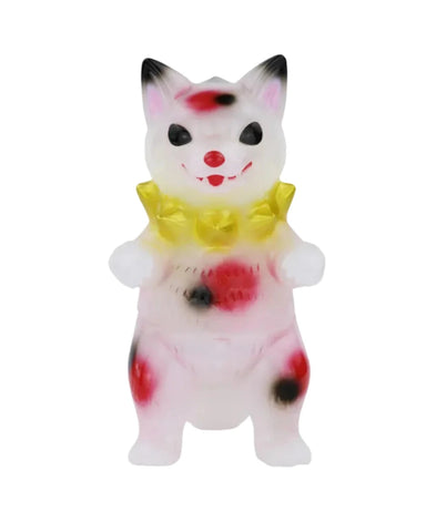 The Rotofugi Shibara-Niski is a standing cat figurine with black, red, and yellow spots, pointed ears, a yellow ruffled collar, and a wide smile displayed on a white background.