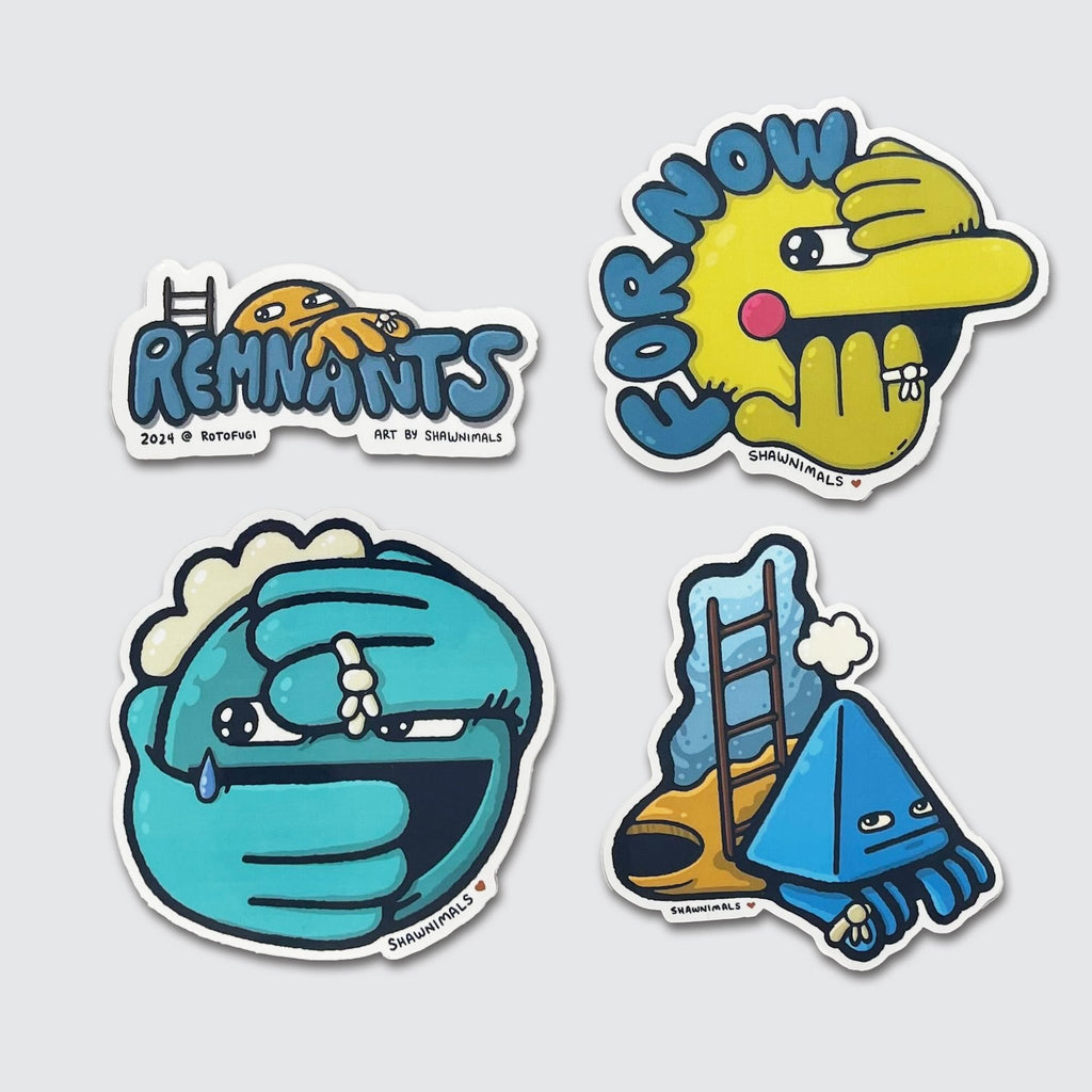 The Remnants Sticker Pack by Shawn Smith from Rotofugi features four vibrant cartoon character stickers with playful expressions and unique designs, displaying words like 