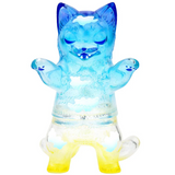 The Negora- Sky View Daylight by Konatsuya is a translucent blue and yellow cat figurine with arms raised, eyes closed, fangs, and paw prints—an adorable collectible perfect for adding summer cheer to your collection.