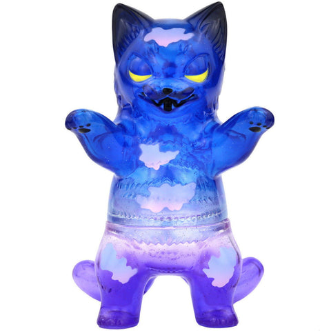 The Konatsuya Negora- Sky View Twilight is a translucent blue and purple vinyl cat toy with yellow eyes, outstretched arms, and a playful look—an eye-catching collectible perfect for your summer night display.