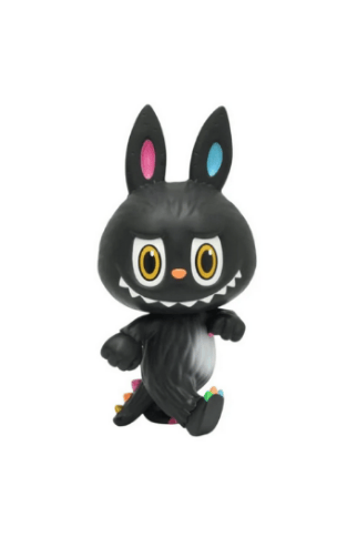 The ST Zimomo Black and Neon by How2Work (HK) is a black cartoon-style collectible figure featuring large yellow eyes, pointy rabbit ears, sharp teeth, and vibrant neon spikes on its back and tail.