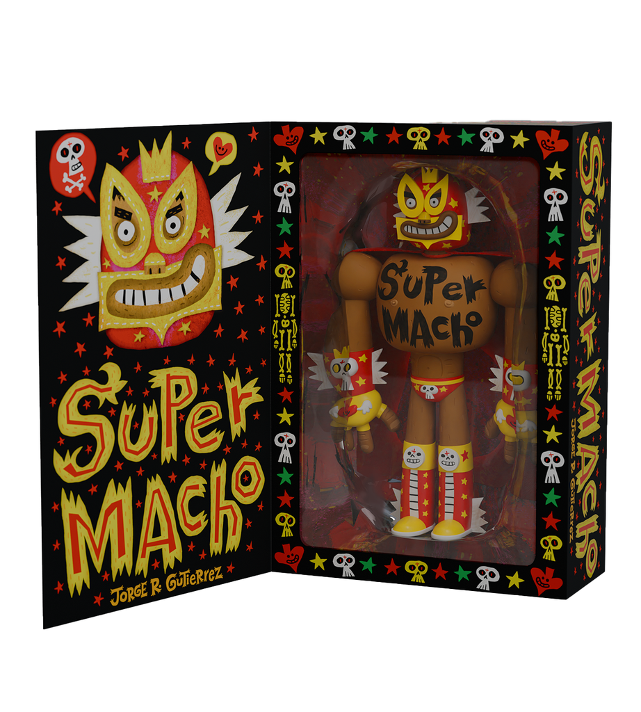 The Super Macho — Luchador collectible by Kaleidos Creative, designed by Jorge R. Gutierrez, comes in an open box adorned with colorful illustrations and star patterns.