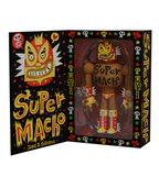 The Super Macho — Luchador collectible by Kaleidos Creative, designed by Jorge R. Gutierrez, comes in an open box adorned with colorful illustrations and star patterns.